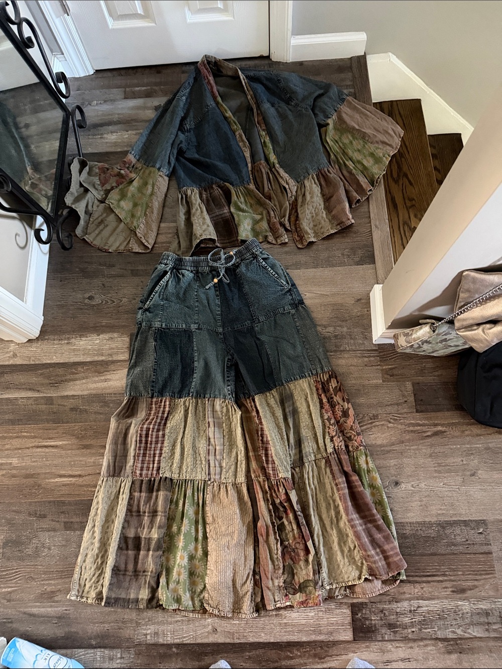Young ThreadPatchwork Boho pant (small) jacket (medium) in Olive and Earth Tones